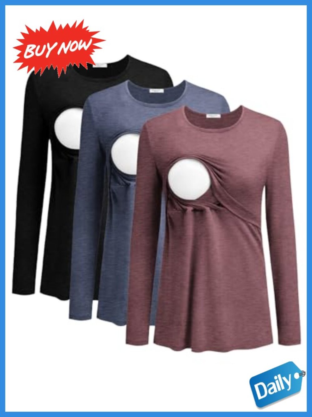 Nursing Shirts 3 Pack Long Sleeve Breastfeeding Tops Double Layer Maternity Tee